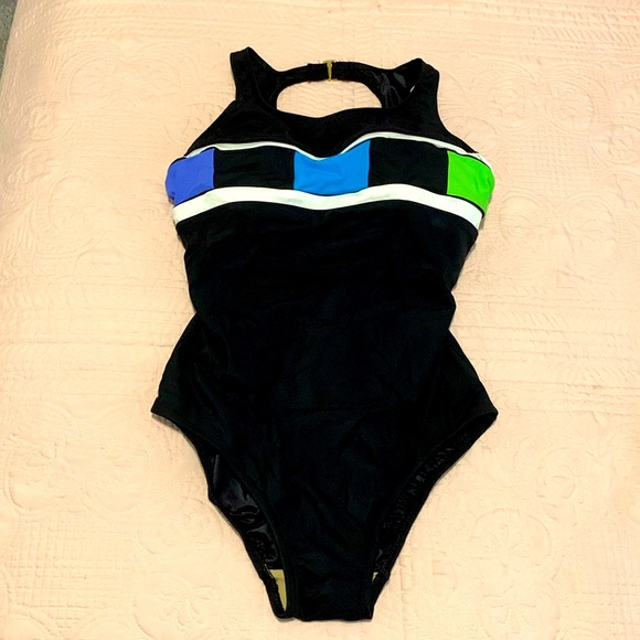 Longitude size 14 black high cut color block neon halter one piece maillot VGUC